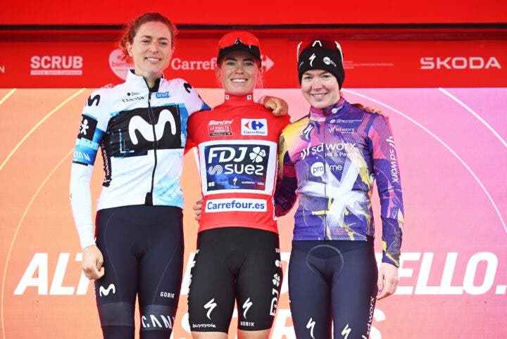 ALTO DE COTOBELLO, SPAIN - MAY 10: (L-R) Marlen Reusser of Switzerland and Team Movistar on second place, race winner Demi Vollering of Netherlands and Team FDJ - SUEZ - Red Leader Jersey and Anna van der Breggen of Netherlands and Team SD Worx - Protime on third place pose on the podium ceremony after the 11th La Vuelta Femenina 2025, Stage 7 a 152.6km stage from La Robla to Alto de Cotobello 1197m / #UCIWWT / on May 10, 2025 in Alto de Cotobello, Spain. (Photo by Szymon Gruchalski/Getty Images)