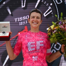 KUSSNACHT, SWITZERLAND - JUNE 14: Kristen Faulkner of The United States and Team EF Education-Oatly celebrates at podium as most combative rider prize winner during the 5th Tour de Suisse Women 2025, Stage 3 a 123.1km stage from Oberkirch to Kussnacht / #UCIWWT / on June 14, 2025 in Kussnacht, Switzerland. (Photo by Tim de Waele/Getty Images)