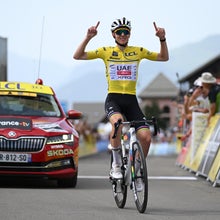 VALMEINIER 1800, FRANCE - JUNE 14: Tadej Pogacar of Slovenia and UAE Team Emirates - XRG - Yellow Leader Jersey celebrates at finish line as stage winner during the 77th Criterium du Dauphine 2025, Stage 7 a 131.6km stage from Grand-Algueblanche to Valmeinier 1800 (1830m) / #UCIWT / on June 14, 2025 in Valmeinier 1800, France. (Photo by Dario Belingheri/Getty Images)