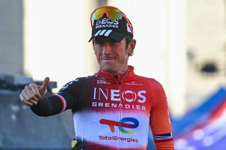 INEOS Grenadiers team's British rider Geraint Thomas waves to spectators during the official teams presentation days prior to the start of the 112th edition of the Tour de France cycling race, in Lille, northern France, on July 3, 2025. (Photo by Loic VENANCE / AFP)