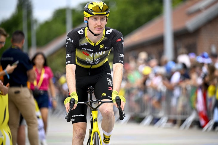 American Matteo Jorgenson of Team Visma-Lease a Bike pictured at the start of the first stage, Lille Metropole to Lille Metropole (185 km), of the 2025 Tour de France cycling race, in Lille, France, on Saturday 05 July 2025. The 112th edition of the Tour de France starts on Saturday 5 July in Lille, France, and will finish in Paris, France on the 27th of July. BELGA PHOTO JASPER JACOBS (Photo by JASPER JACOBS / BELGA MAG / Belga via AFP)