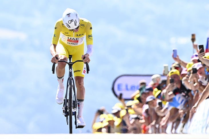 Slovenian Tadej Pogacar of UAE Team Emirates pictured at the finish of stage 13 of the 2025 Tour de France cycling race, an 11km individual time trial from Loudenvielle to Peyragudes, on Friday 18 July 2025 in France. The 112th edition of the Tour de France starts on Saturday 5 July in Lille, France, and will finish in Paris, France on the 27th of July. BELGA PHOTO JASPER JACOBS (Photo by JASPER JACOBS / BELGA MAG / Belga via AFP)