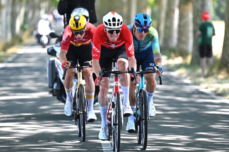TOULOUSE, FRANCE - JULY 16: (L-R) Jonas Abrahamsen of Norway and Team Uno-X Mobility, Mauro Schmid of Switzerland and Team Jayco AlUla and Davide Ballerini of Italy and Team XDS Astana compete in the breakaway during the 112th Tour de France 2025, Stage 11 a 156.8km stage from Toulouse to Toulouse / #UCIWT / on July 16, 2025 in Toulouse, France. (Photo by Tim de Waele/Getty Images)