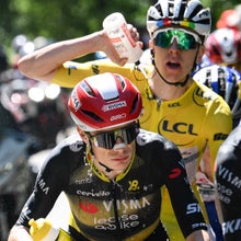 Team Visma - Lease a bike team's Danish rider Jonas Vingegaard and UAE Team Emirates - XRG team's Slovenian rider Tadej Pogacar wearing the overall leader's yellow jersey cycle in the ascent of Mont Ventoux during the 16th stage of the 112th edition of the Tour de France cycling race, 171.5 km between Montpellier and Mont Ventoux, southern France, on July 22, 2025. (Photo by Bernard PAPON / AFP) (Photo by BERNARD PAPON/AFP via Getty Images)