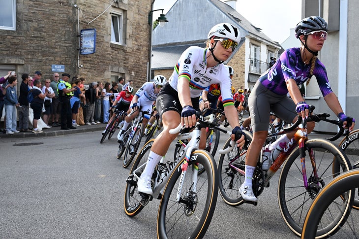 PLUMELEC, FRANCE - JULY 26: (L-R) Lotte Kopecky of Belgium and Team SD Worx - Protime and Letizia Paternoster of Italy and Team Liv AlUla Jayco compete during the 4th Tour de France Femmes 2025, Stage 1 a 78.8km stage from Vannes to Plumelec / #UCIWWT / on July 26, 2025 in Plumelec, France. (Photo by Szymon Gruchalski/Getty Images)