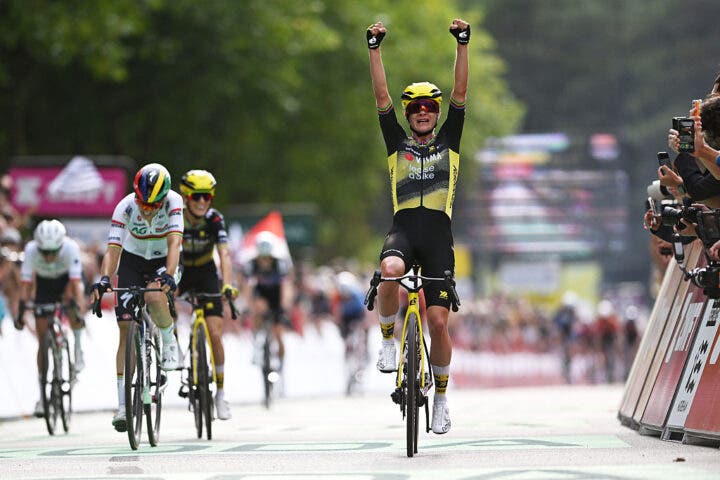 PLUMELEC, FRANCE - JULY 26: Marianne Vos of Netherlands and Team Visma | Lease a Bike celebrates at finish line as stage winner during the 4th Tour de France Femmes 2025, Stage 1 a 78.8km stage from Vannes to Plumelec / #UCIWWT / on July 26, 2025 in Plumelec, France. (Photo by Szymon Gruchalski/Getty Images)