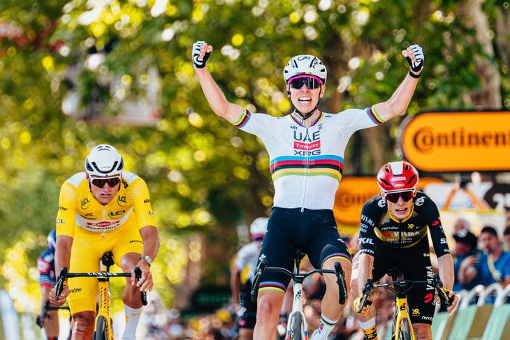 Tadej Pogacar beat Mathieu van der Poel and Jonas Vingegaard to win stage 4 into Rouen (Photo: Gruber Images)
