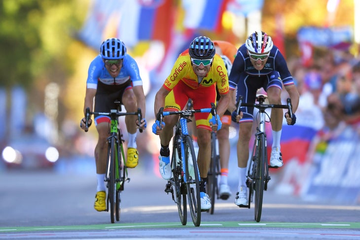 INNSBRUCK, AUSTRIA - SEPTEMBER 30: Arrival / Sprint / Alejandro Valverde of Spain / Romain Bardet of France / Michael Woods of Canada during the Men Elite Road Race a 258,5km race from Kufstein to Innsbruck 582m at the 91st UCI Road World Championships 2018 / RR / RWC / on September 30, 2018 in Innsbruck, Austria. (Photo by Tim de Waele/Getty Images)