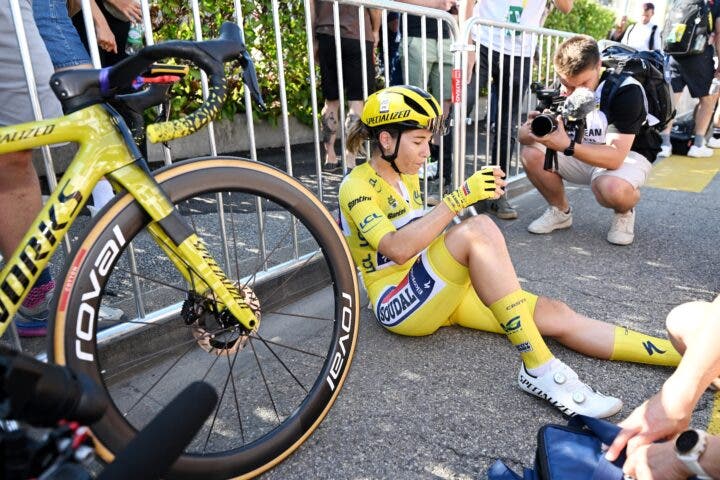 CHAMBERY, FRANCE - AUGUST 01: Kimberley Le Court Pienaar of Mauritius and Team AG Insurance - Soudal - Yellow Leader Jersey reacts after the 4th Tour de France Femmes 2025, Stage 7 a 159.7km stage from Bourg-en-Bresse to Chambery / #UCIWWT / on August 01, 2025 in Bourg-en-Bresse, France. (Photo by Tim de Waele/Getty Images)