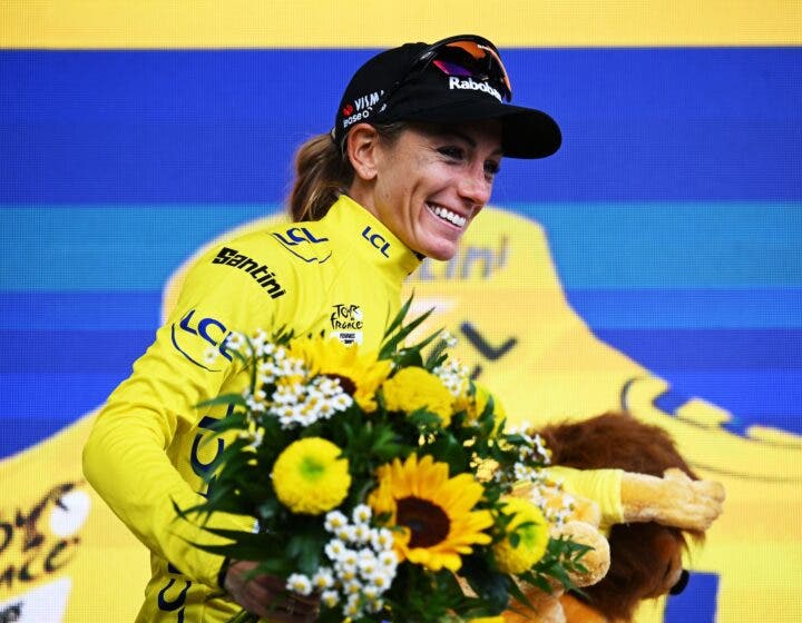 SAINT-FRANCOIS LONGCHAMP, FRANCE - AUGUST 02: Pauline Ferrand-Prevot of France and Team Visma | Lease a Bike celebrates at podium as Yellow leader jersey winner during the 4th Tour de France Femmes 2025, Stage 8 a 111.9km stage from Chambery to Saint-Francois Longchamp - Col de la Madeleine 1986m / #UCIWWT / on August 02, 2025 in Saint-Francois Longchamp, France. (Photo by Tim de Waele/Getty Images)