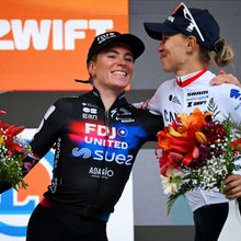CHATEL LES PORTES DU SOLEIL, FRANCE - AUGUST 03: (L-R) The second classified Demi Vollering of Netherlands and Team FDJ - SUEZ and Katarzyna Niewiadoma of Poland and Team CANYON//SRAM zondacrypto congratulate each other at podium during the 4th Tour de France Femmes 2025, Stage 9 a 124.1km stage from Praz-sur-Arly to Chatel Les Portes du Soleilon 1298m / #UCIWWT / August 03, 2025 in Chatel Les Portes du Soleil, France. (Photo by Tim de Waele/Getty Images)