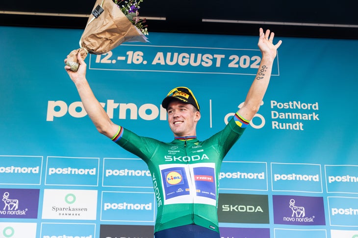 GLADSAXE, DENMARK - 2025/08/13: Mads Pedersen of Denmark and Lidl - Trek celebrates on the podium with the points jersey after 2 stage of PostNord Danmark Rundt 2025. The second stage of the PostNord Danmark Rundt 2025 cycling race started in Rødovre and finished in Gladsaxe. (Photo by Kristian Tuxen Ladegaard Berg/SOPA Images/LightRocket via Getty Images)