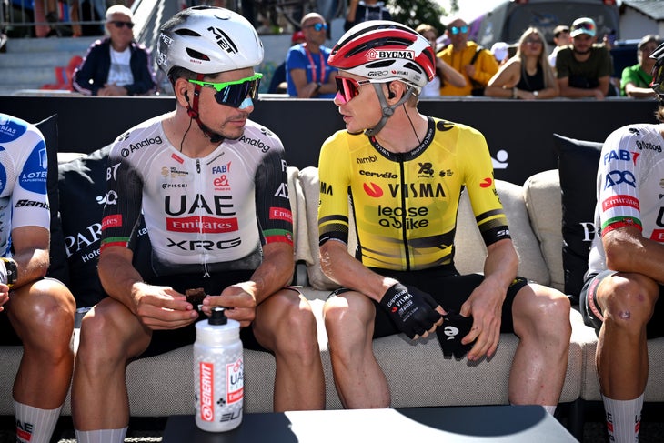 ANDORRA LA VELLA, ANDORRA - AUGUST 29: (L-R) Joao Almeida of Portugal and UAE Team Emirates - XRG and Jonas Vingegaard of Denmark and Team Visma | Lease a Bike prior to the La Vuelta - 80th Tour of Spain 2025, Stage 7 a 188km stage from Andorra la Vella to Cerler. Huesca La Magia 1910m / #UCIWT / on August 29, 2025 in Andorra la Vella, Andorra. (Photo by Dario Belingheri/Getty Images)