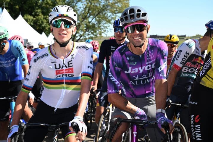 Tadej Pogacar of Slovenia and UAE Team Emirates - XRG and Michael Matthews of Australia and Team Jayco AlUla prior to the 14th Grand Prix Cycliste de Quebec a 216.3km one day race from Quebec City to Quebec City / #UCIWT / on September 12, 2025 in Quebec City, Quebec. (Photo: Szymon Gruchalski/Getty Images)