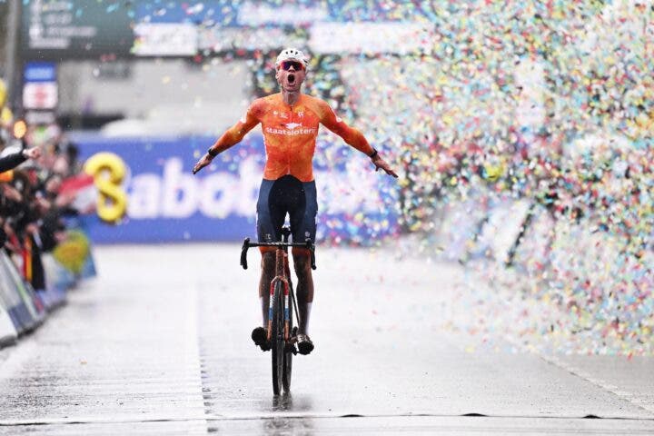 Mathieu van der Poel celebrates as he crosses the finish line to win for the eighth time the men elite race at UCI Cyclocross World Championships, on Sunday 01 February 2026, in Hulst, The Netherlands. (Photo: David Pintens / Belga Mag via AFP)