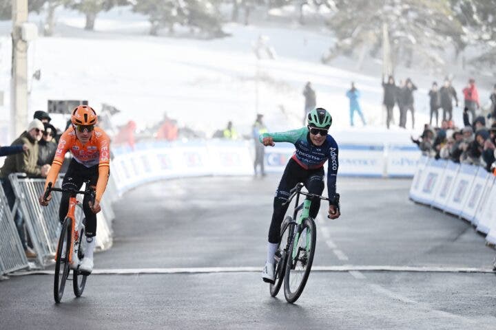 Carlos Rodriguez (Team Ineos Grenadiers) and stage winner Matthew Riccitello (Decathlon CMA CGM) sprint at the end of stage 2 of the Tour de la Provence 2026 (Photo: Billy Ceusters/Getty Images)