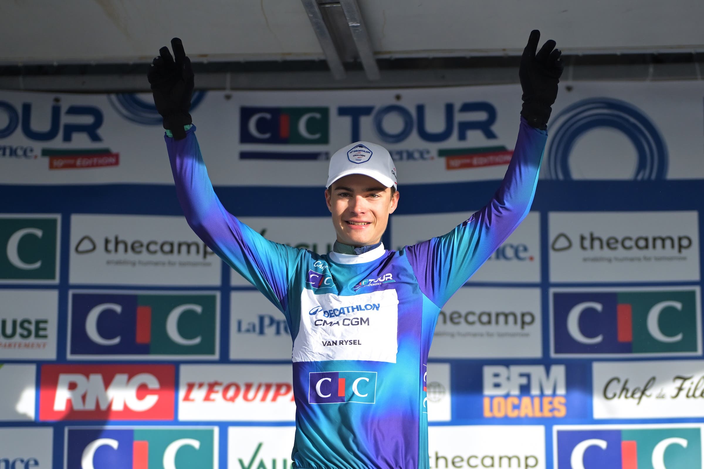 Matthew Riccitello (Decathlon CMA CGM) holds the blue leader's jersey following his stage 2 victory at the Tour de la Provence (Photo: Billy Ceusters/Getty Images)