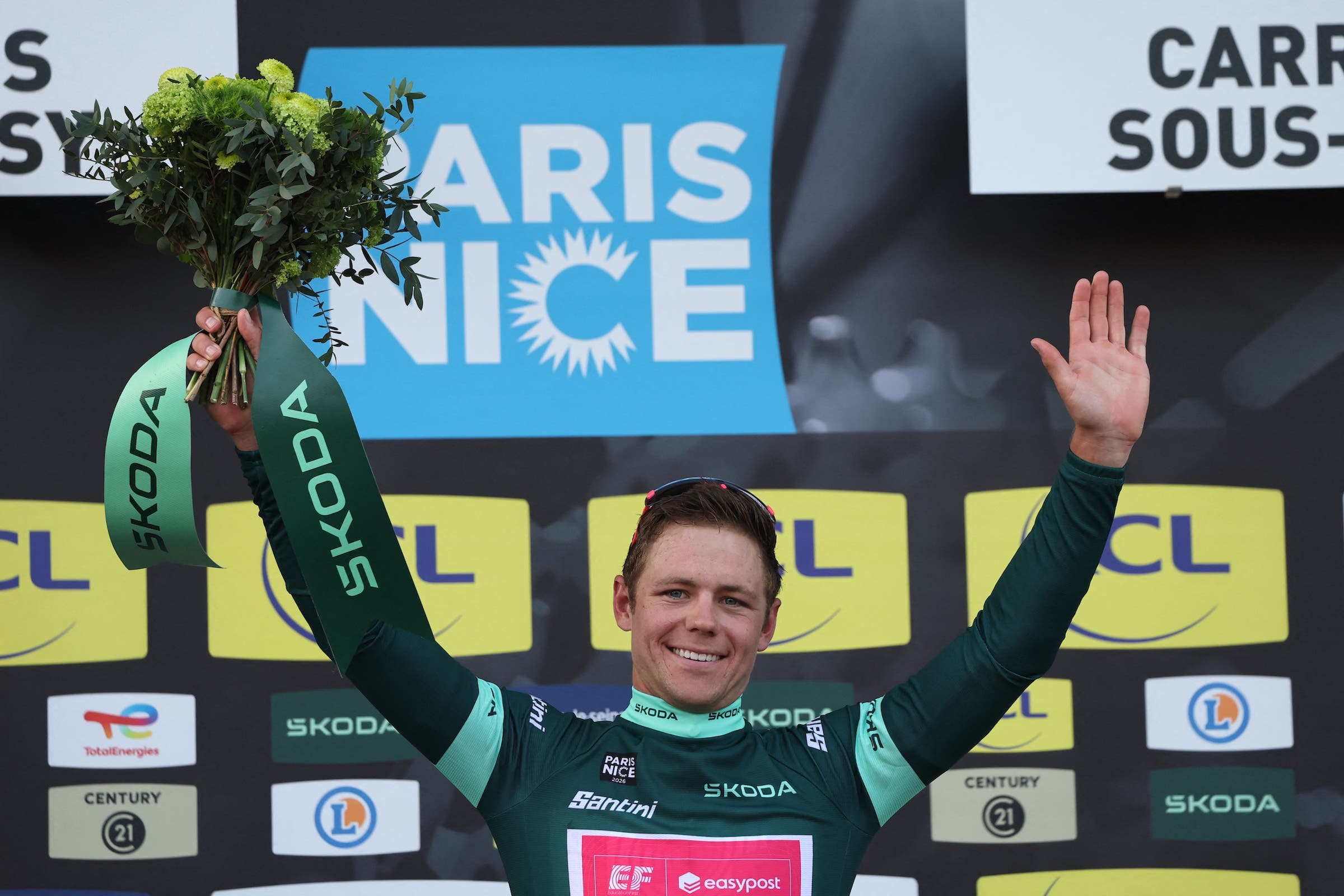 EF Education - EasyPost's US rider Luke Lamperti celebrates his green jersey of best sprinter after the 1st stage of Paris-Nice (Photo: Anne-Christine Poujoulat / AFP)