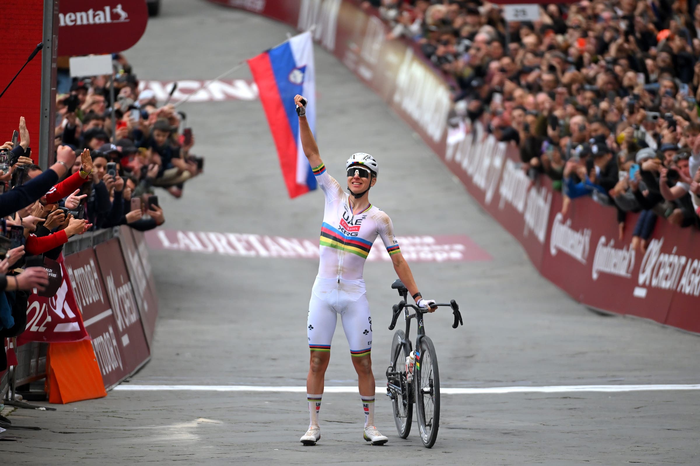 Tadej Pogacar (UAE Team Emirates - XRG) celebrates at the finish of Strade Bianche 2026 (Photo: Tim de Waele/Getty Images)
