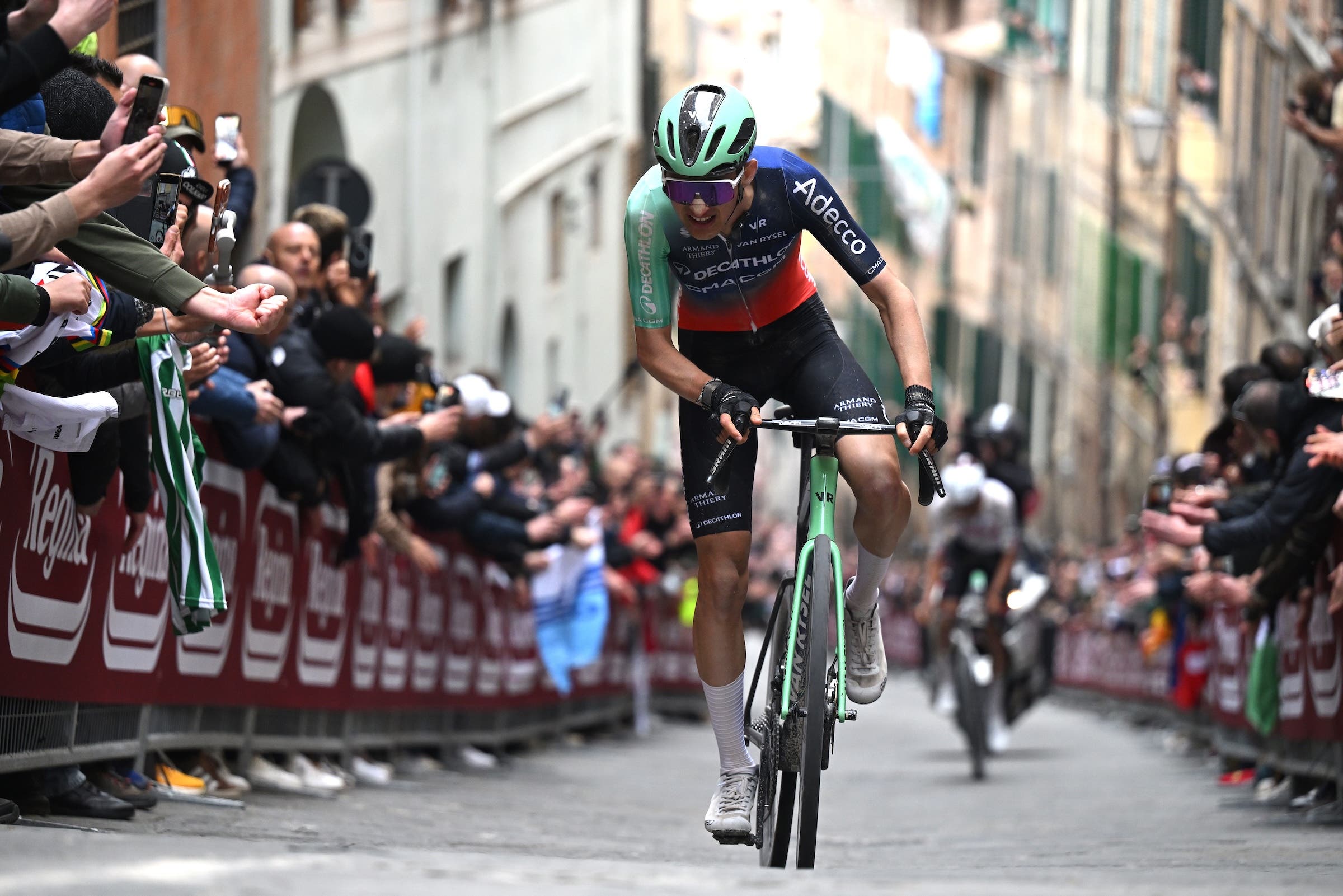 Paul Seixas (Decathlon CMA CGM) blew Isaac Del Toro away on the last climb of Strade Bianche (Photo: Luc Claessen/Getty Images)