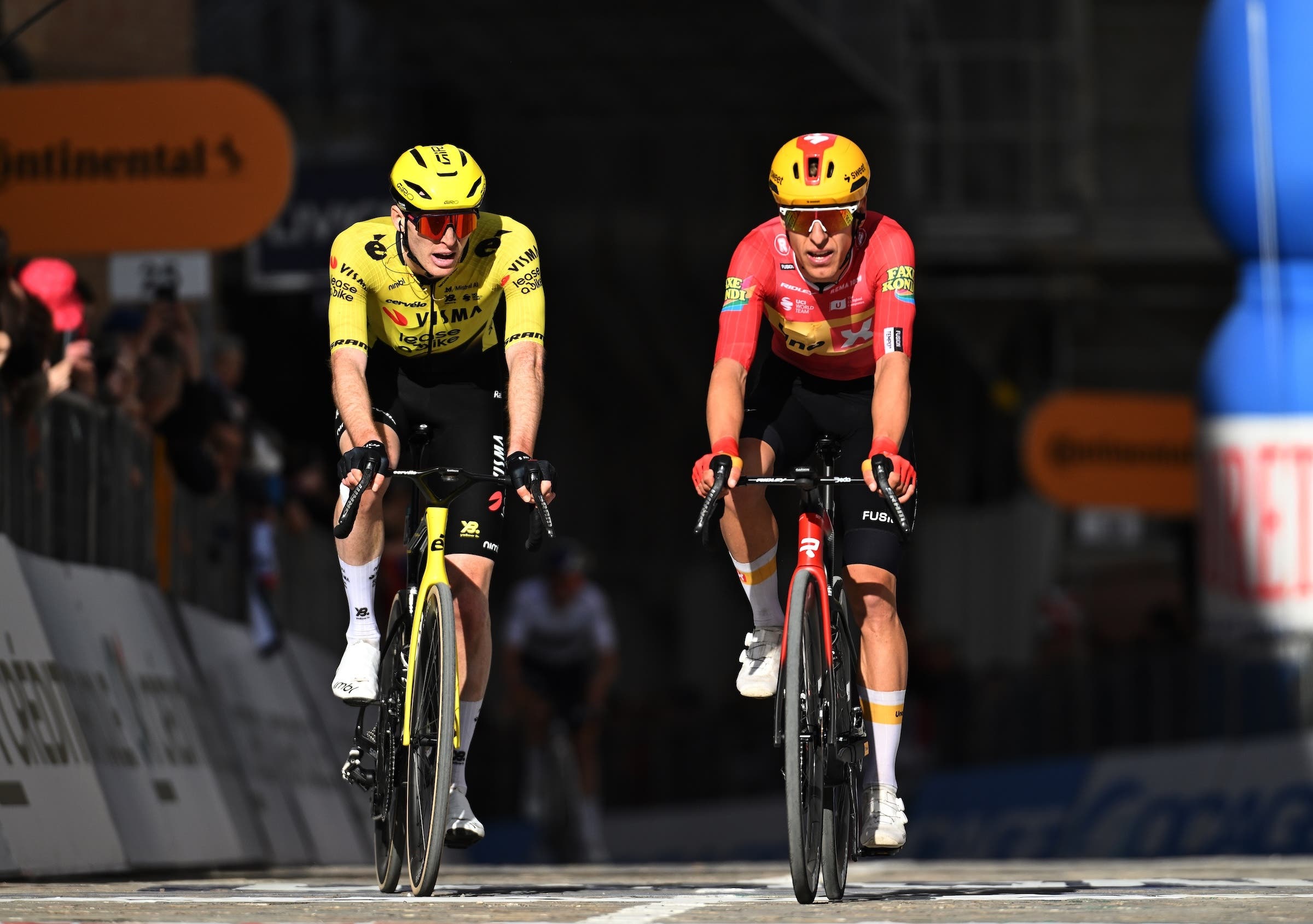 Matteo Jorgenson (Visma-Lease a Bike) and Tobias Halland Johannessen (Uno-X Mobility) finished third and second on stage six of Tirreno-Adriatico Saturday (Photo: Tim de Waele/Getty Images)