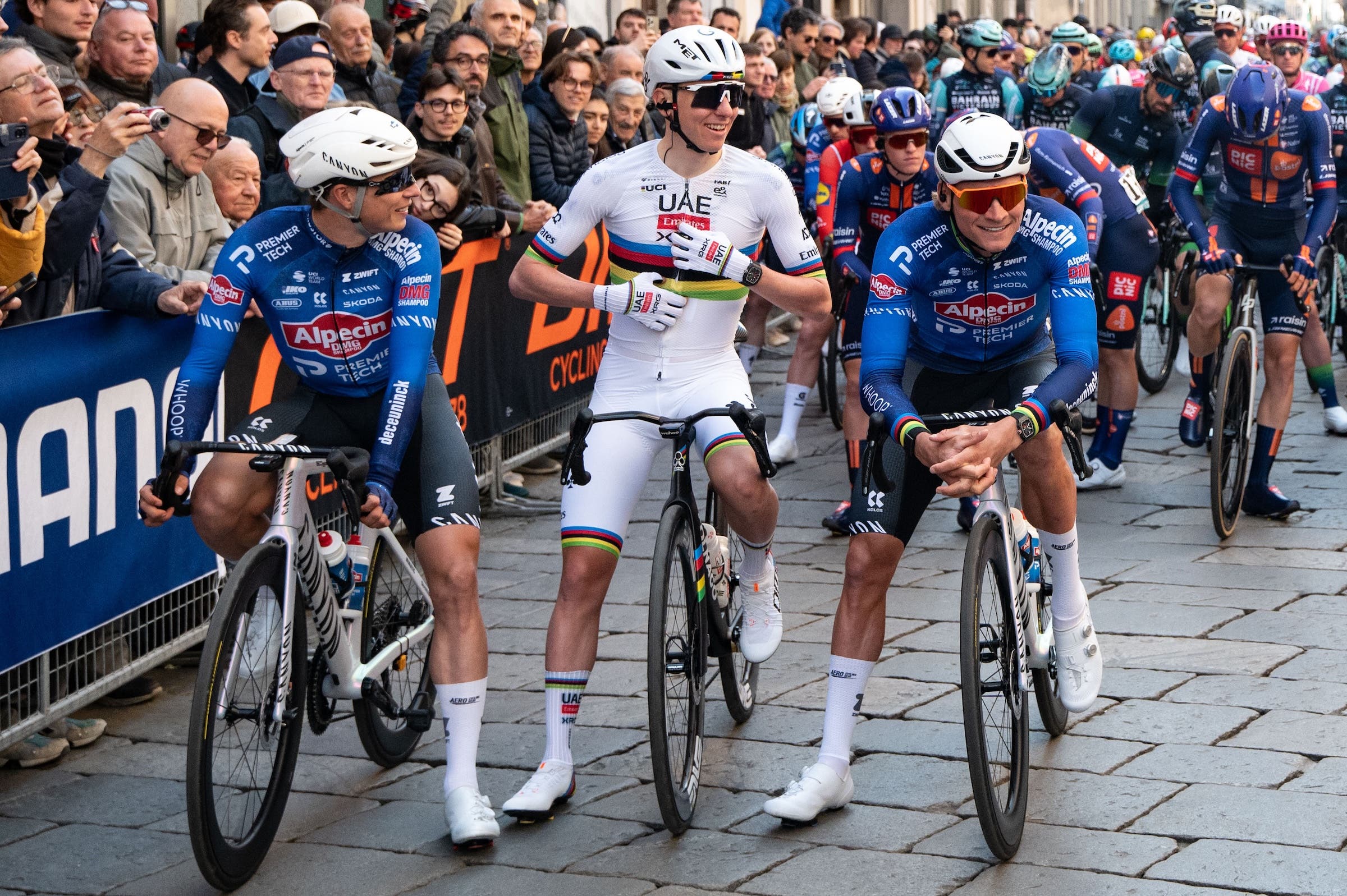 Tadej Pogačar, Mathieu Van Der Poel, and Jasper Philipsen at the start of Milan-San Remo (Photo: Silvia Colombo/NurPhoto)