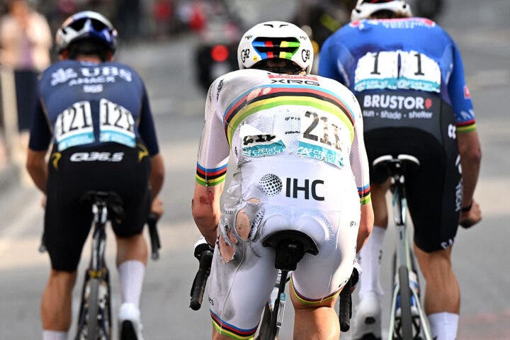 Pogačar's bike was as battered as his body after he crashed heavily in the lead toward the Cipressa.