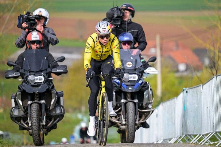 Belgium's cyclist Wout van Aert of Team Visma-Lease a Bike takes part in a training session ahead of the Tour of Flanders cycling race on the Paterberg climb in Kluisbergen on April 3, 2026. (Photo by ) / Belgium OUT