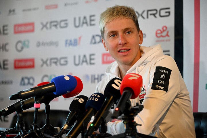 UAE Emirates-XRG's Slovenian rider Tadej Pogacar speaks to journalists during a press conference ahead of the 110th edition of Tour of Flanders, one-day cycling race in Waregem on April 3, 2026. (Photo by Nicolas TUCAT / AFP via Getty Images)