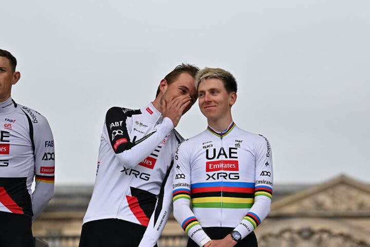 World champion Tadej Pogacar of UAE Team Emirates participates in the team presentation of Paris-Roubaix 2026 (1.UWT - 123rd edition) in Compiegne, France, on April 11, 2026. (Photo by Gautier Demouveaux/NurPhoto via Getty Images)
