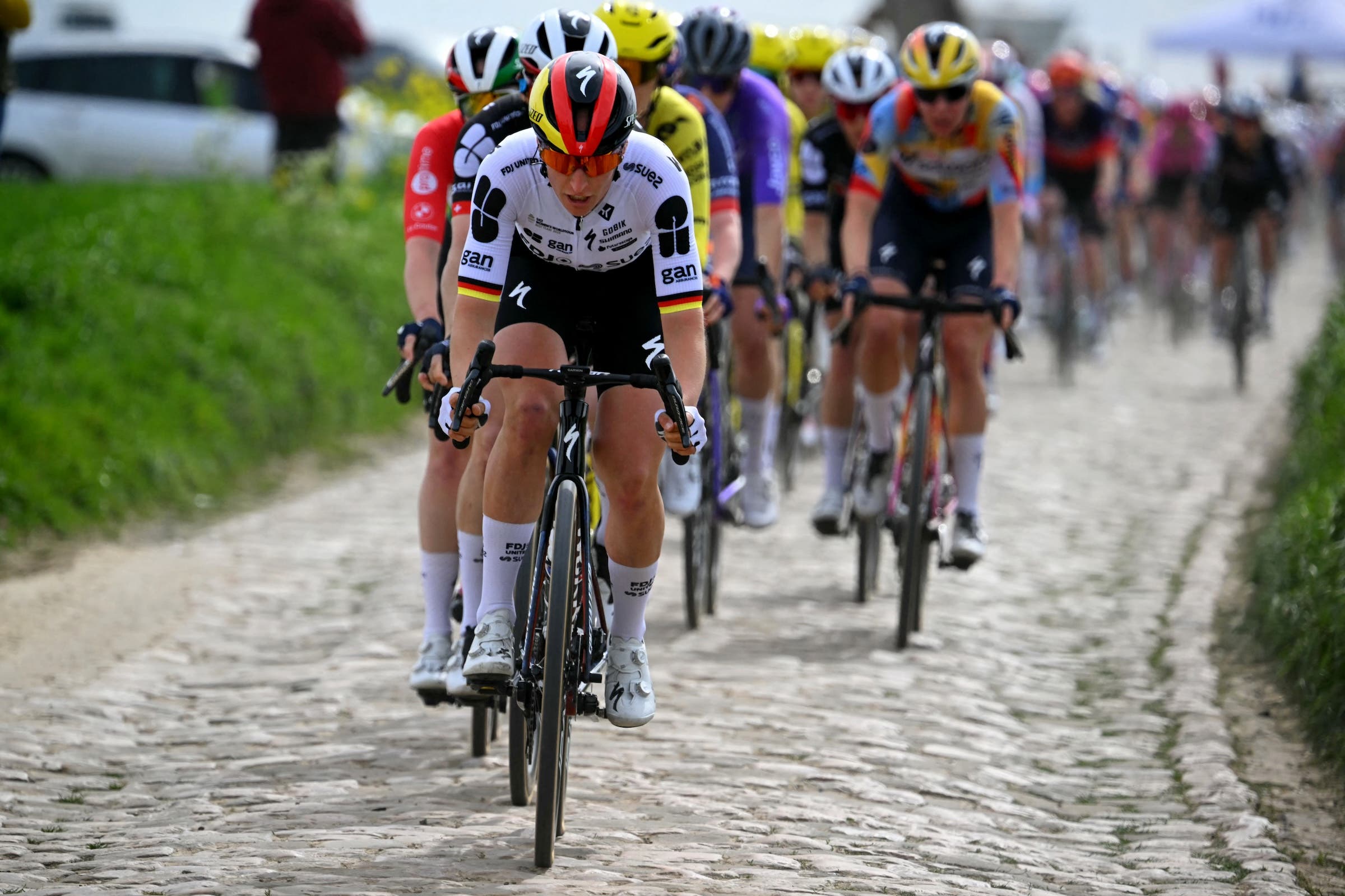FDJ United-SUEZ's Franziska Koch leads the pack during the 6th Paris-Roubaix Women. (Photo: Nicolas Tucat / AFP)