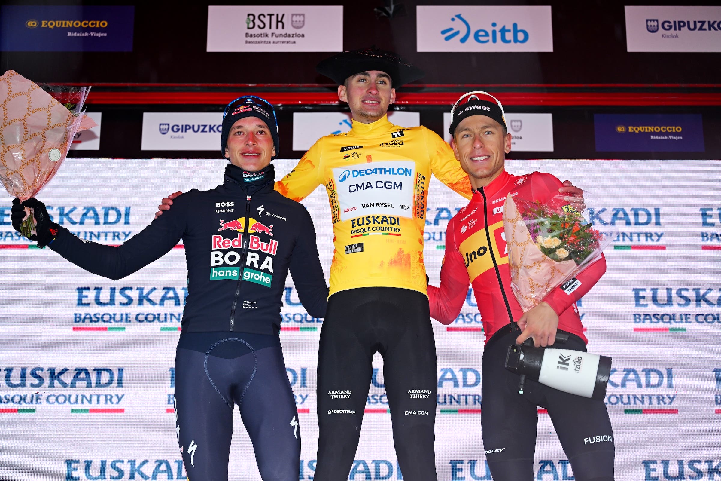 Paul Seixas tops the Itzulia Basque Country podium ahead of Florian Lipowitz and Tobias Halland Johannessen (Photo: Tim de Waele/Getty Images)