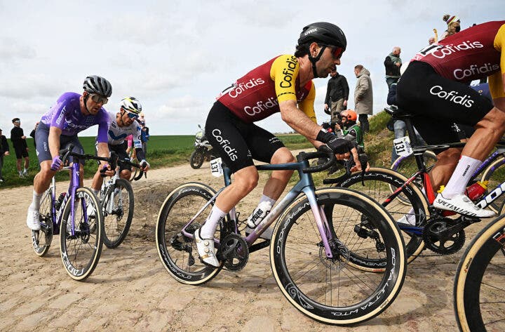 ROUBAIX, FRANCE - APRIL 12: Benjamin Thomas of France and Team Cofidis competes passing through the Viesly à Briastre cobblestones sector during the 123rd Paris-Roubaix Hauts-de-France 2026 - Men's Elite a 258.3km one day race from Compiegne to Roubaix / #UCIWT / on April 12, 2026 in Roubaix, France. (Photo by )