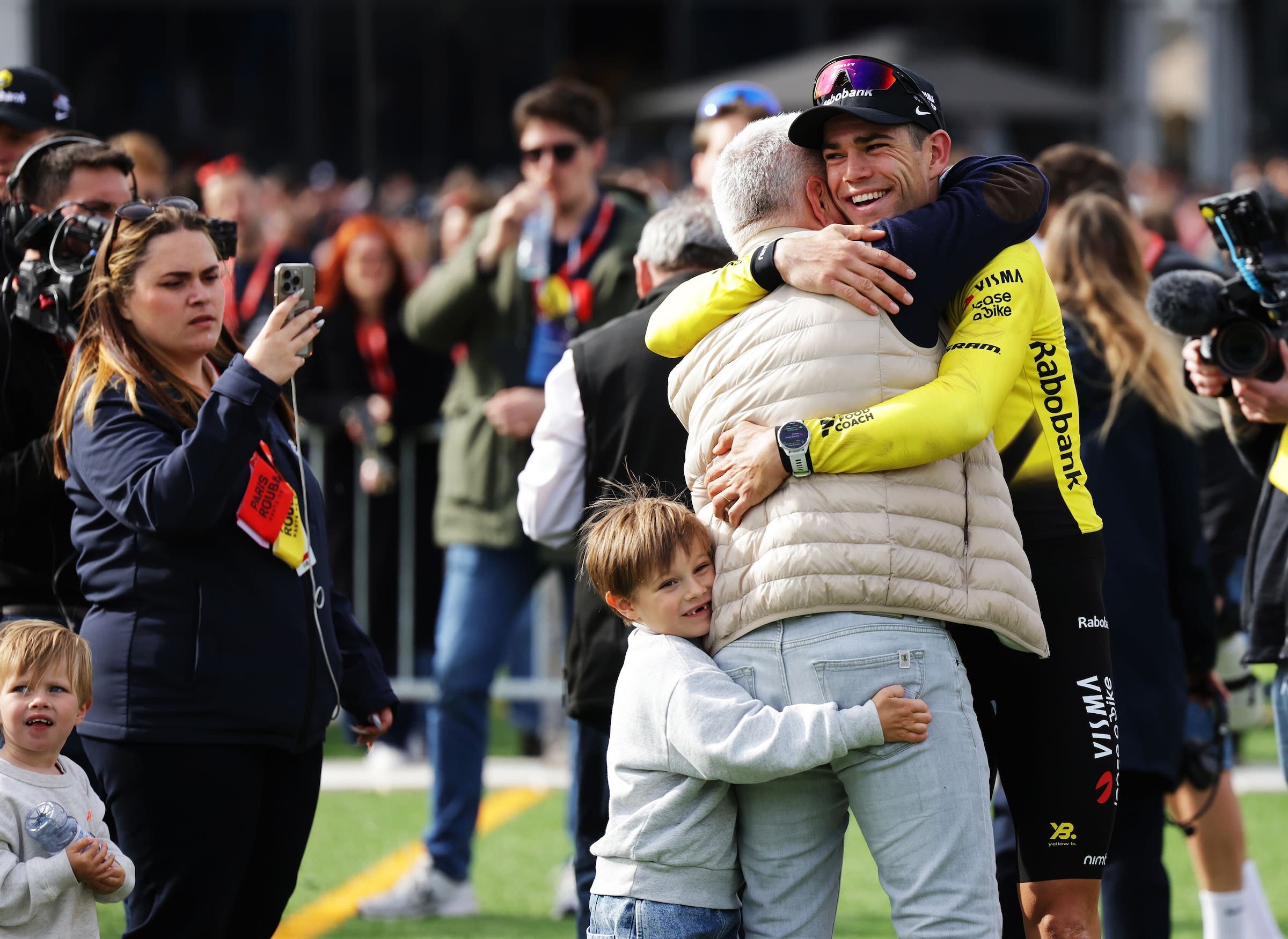 Race winner Wout van Aert celebrates at finish line with his family after the 123rd Paris-Roubaix (Photo: Rhode Van Elsen/Getty Images)