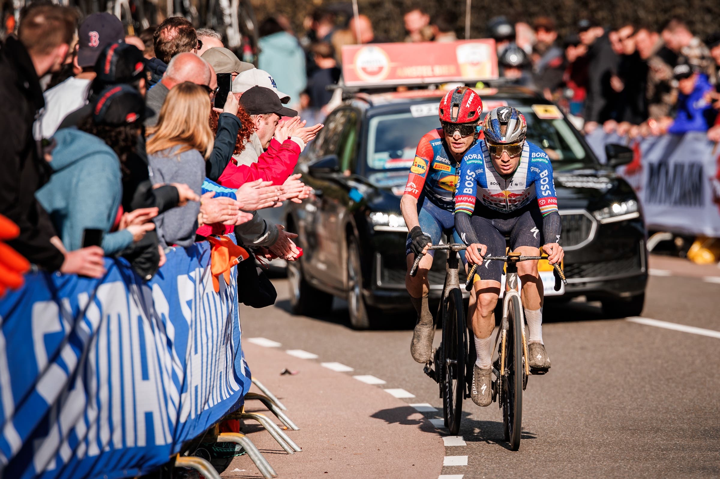Remco Evenepoel and Mattias Skjelmose in the winning break at the Amstel Gold Race. Matteo Jorgenson was one of several others who had been with them but Jorgenson crashed out. (Photo: Pim Waslander/Soccrates/Getty Images)