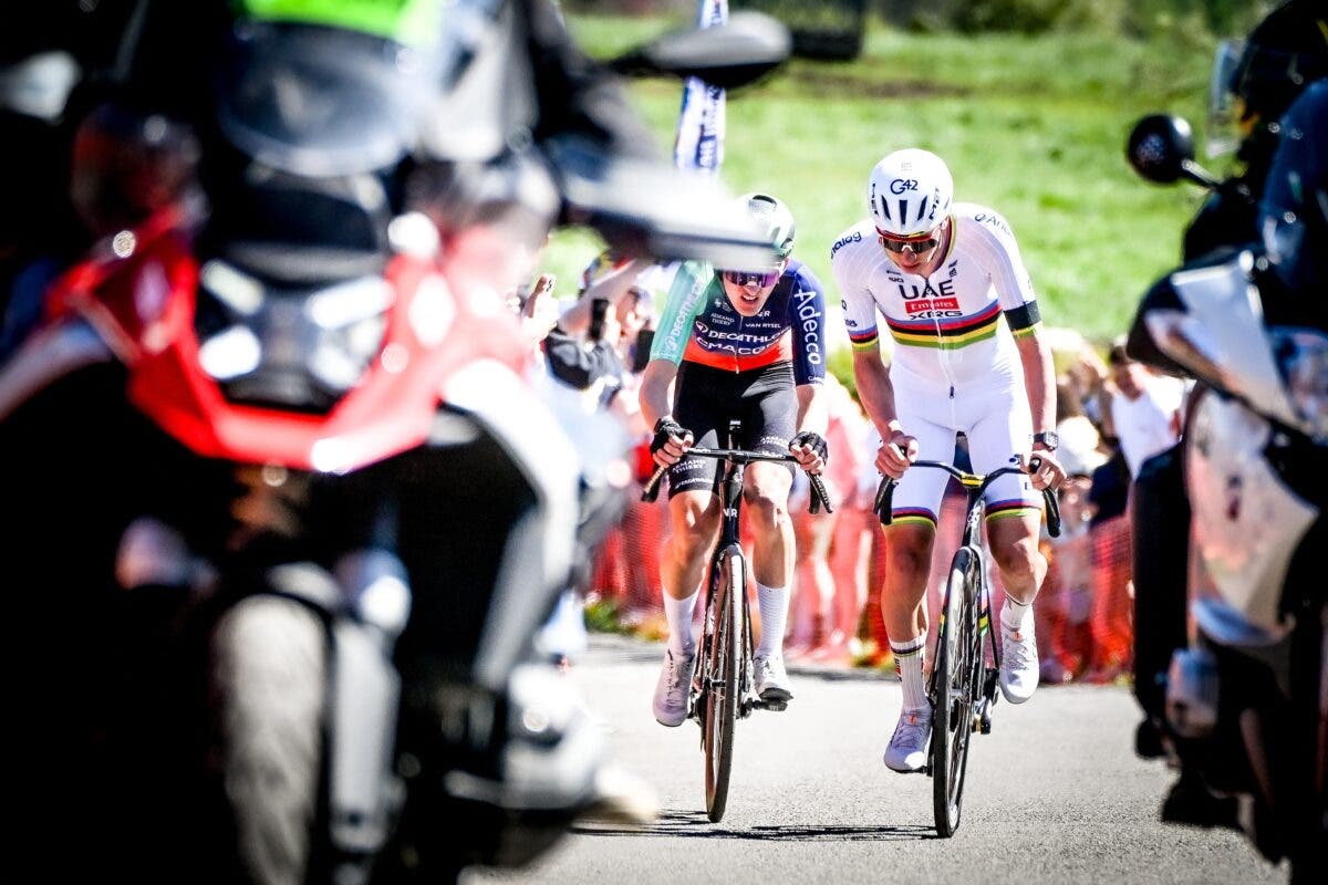 French Paul Seixas of Decathlon CMA CGM Team and Slovenian Tadej Pogacar of UAE Team Emirates-XRG pictured in action during the men elite race of the Liege-Bastogne-Liege UCI World Tour one day cycling race, 259,5km from Liege, over Bastogne to Liege, Sunday 26 April 2026. BELGA PHOTO ELIAS ROM (Photo by ELIAS ROM / BELGA MAG / Belga / AFP via Getty Images)