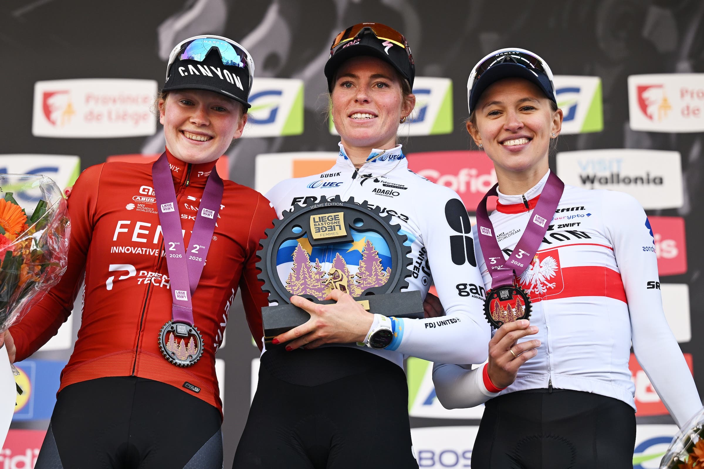 Demi Vollering, Puck Pieterse (l) and Kasia Niewiadoma were the podium finishers (Photo: Luc Claessen/Getty Images)