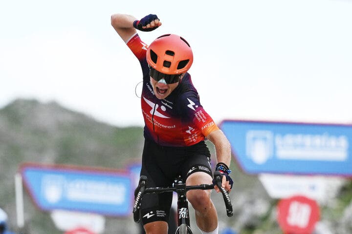 L'ANGLIRU, SPAIN - MAY 09: Petra Stiasny of Switzerland and Team Human Powered Health celebrates at finish line as stage winner during the 12th La Vuelta Femenina 2026, Stage 7 a 132.9km stage from Pola de Laviana to L'Angliru 1555m / #UCIWWT / on May 09, 2026 in Pola de Laviana, Spain. (Photo by Szymon Gruchalski/Getty Images)