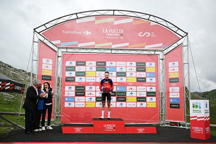 L'ANGLIRU, SPAIN - MAY 09: Petra Stiasny of Switzerland and Team Human Powered Health celebrates at podium as stage winner during the 12th La Vuelta Femenina 2026, Stage 7 a 132.9km stage from Pola de Laviana to L'Angliru 1555m / #UCIWWT / on May 09, 2026 in Pola de Laviana, Spain. (Photo by )