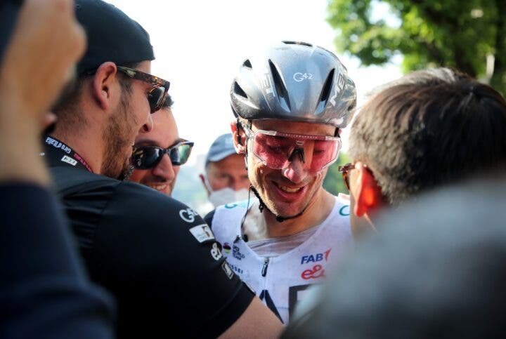 BERGAMO, ITALY - MAY 21: Brandon McNulty of The United States and UAE Team Emirates smiles after the victory during the 106th Giro d'Italia 2023, Stage 15 a 195km stage from Seregno to Bergamo on May 21, 2023 in Bergamo, Italy. (Photo by