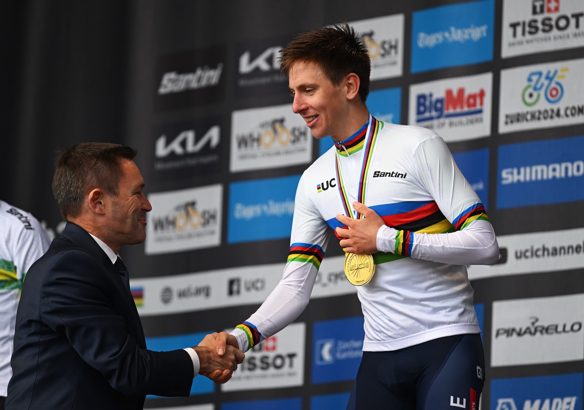 David Lappartient and Tadej Pogacar at the 2024 world road championships (Photo: Dario Belingheri/Getty Images)