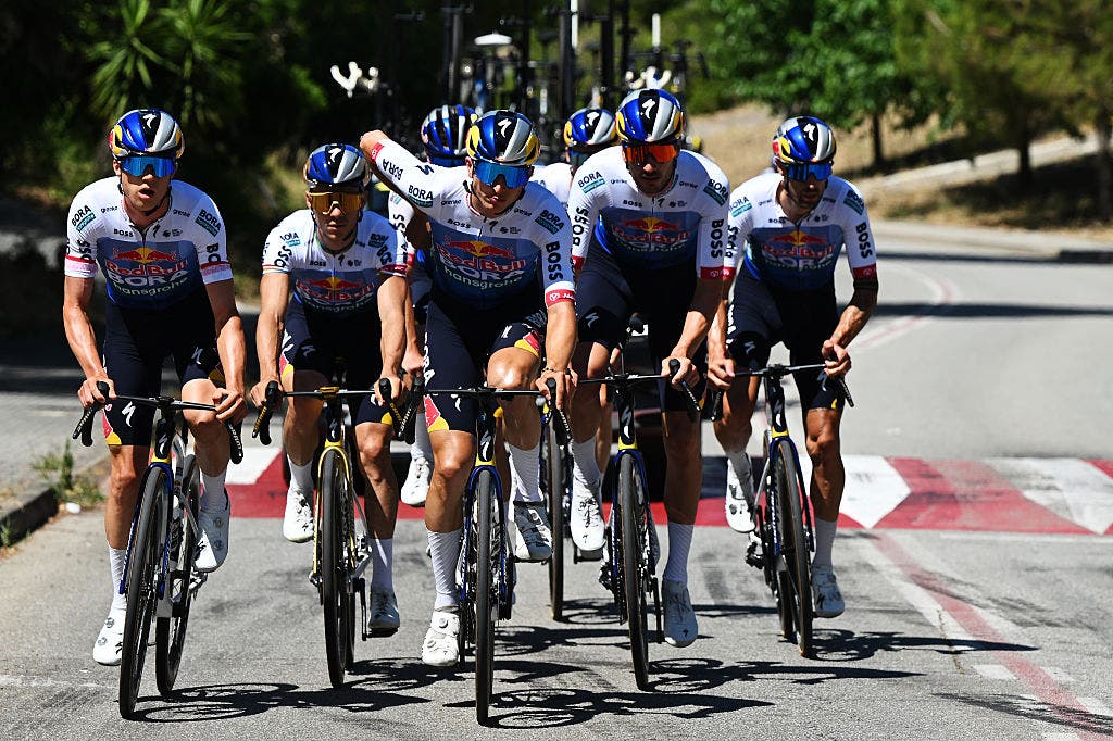 Evenepoel and Lipowitz (second and third left) will be sharing leadership at the Tour de France.