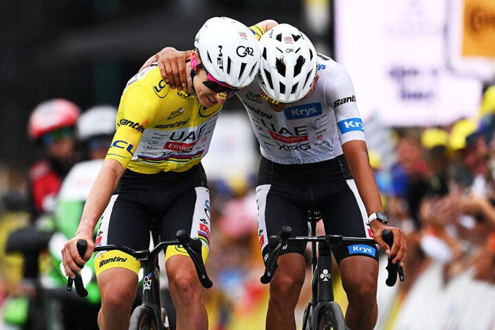 ALPE D'HUEZ, FRANCE - JULY 25: (L-R) The final overall winner, Tadej Pogacar of Slovenia and - Yellow Leader Jersey and Isaac Del Toro of Mexico - White best Young Rider Jersey and third place winner celebrate at the finish line during the 113th Tour de France 2026, Stage 20 a 170.9km stage from Le Bourg d'Oisans to Alpe d'Huez 1842m / #UCIWT / on July 25, 2026 in Alpe d'Huez, France. (Photo by Luc Claessen/Getty Images)