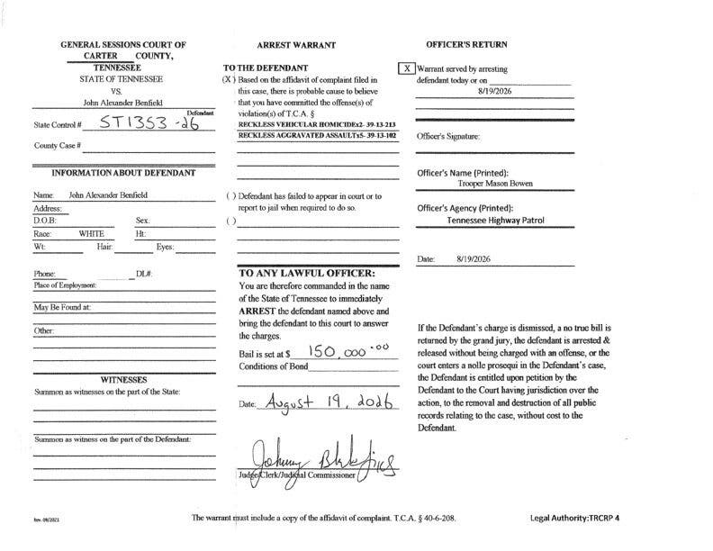 John Alexander Benfield arrest affidavit