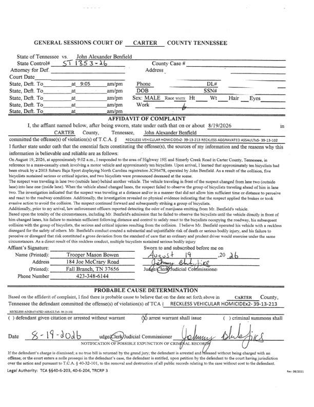 John Alexander Benfield arrest affidavit