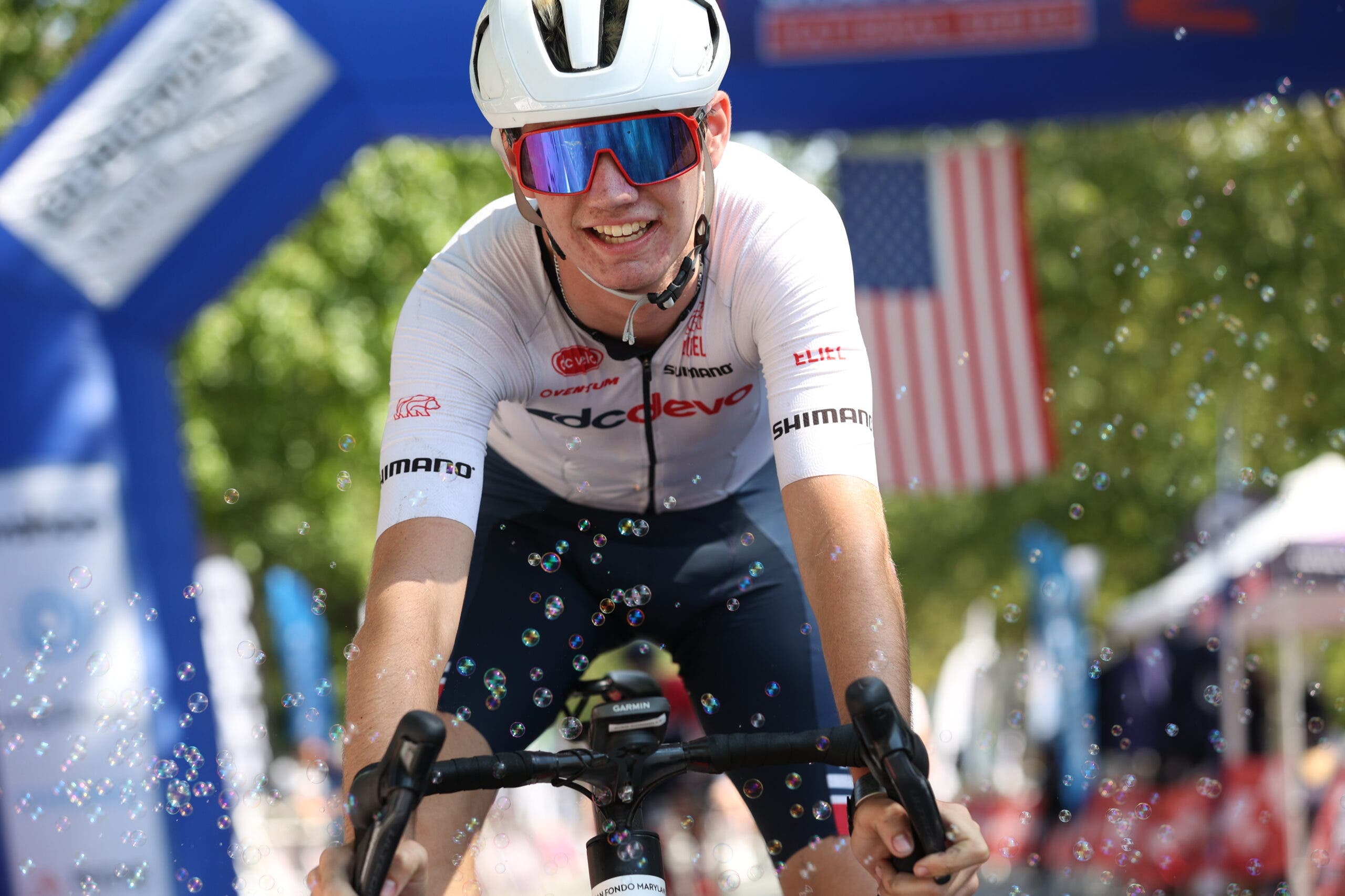 A junior rider crosses the finish line at Gran Fondo Maryland