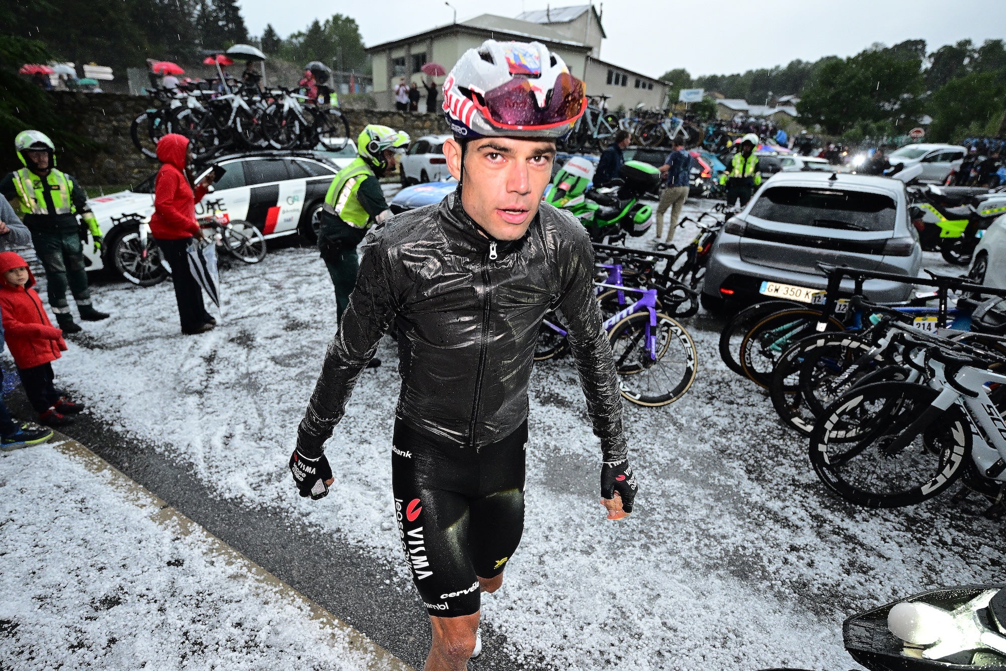Wout van Aert reacts after stage 3 was canceled at the Vuelta a España