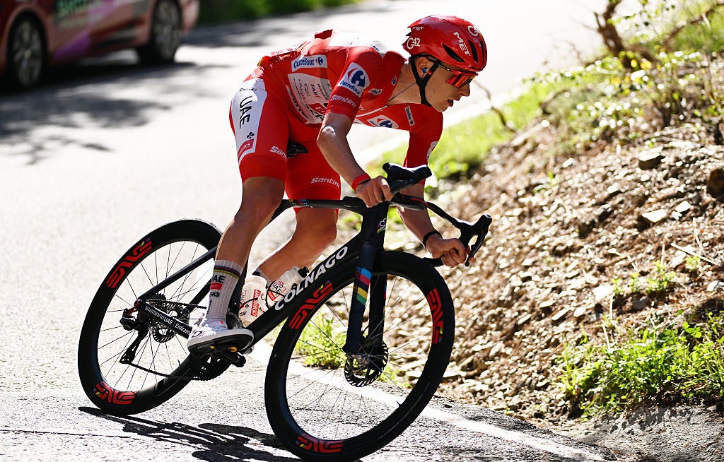 ANDORRA LA VELLA, ANDORRA - AUGUST 25: Tadej Pogacar of Slovenia and UAE Team Emirates XRG - Red Leader Jersey attacks in the breakaway during the La Vuelta - 81st Tour of Spain 2026, Stage 4 a 104.8km from Andorra la Vella to Andorra la Vella / #UCIWT / on August 25, 2026 in Andorra la Vella, Andorra. (Photo by Tim de Waele/Getty Images)