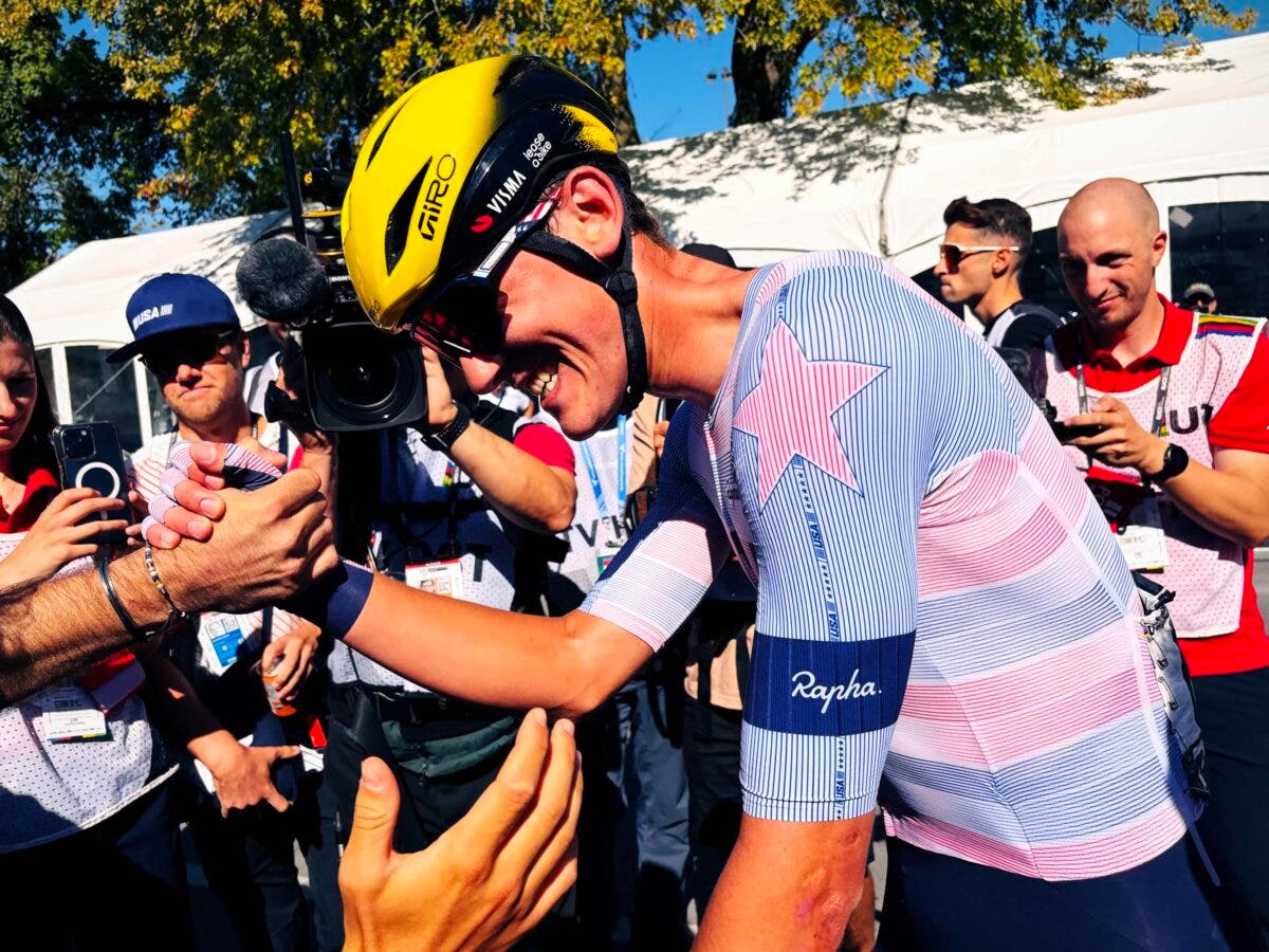 Ashlin Barry celebrates after winning the UCI U23 Road World Championship