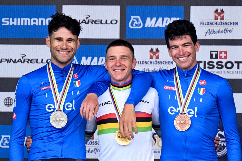 Silver and bronze medallists Ganna and Affini towered over Evenepoel on the podium at the 2024 TT worlds.